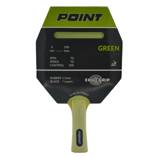 Rakietka POINT GREEN – detal główki z okładziną 1,5 mm, 7-warstwowa deska, parametry: kontrola 100/rotacja 70